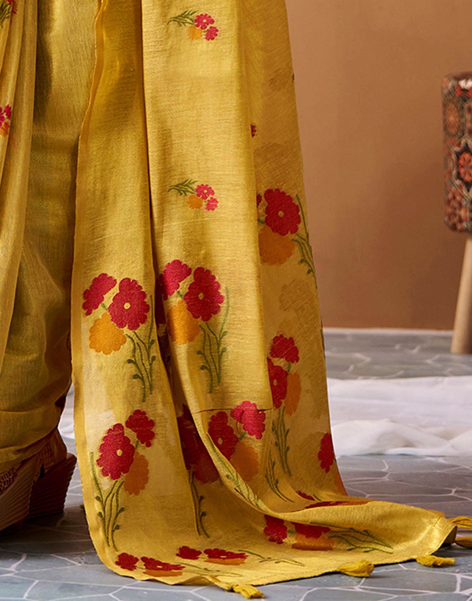 Mustard Yellow Tissue Silk Woven Floral Saree